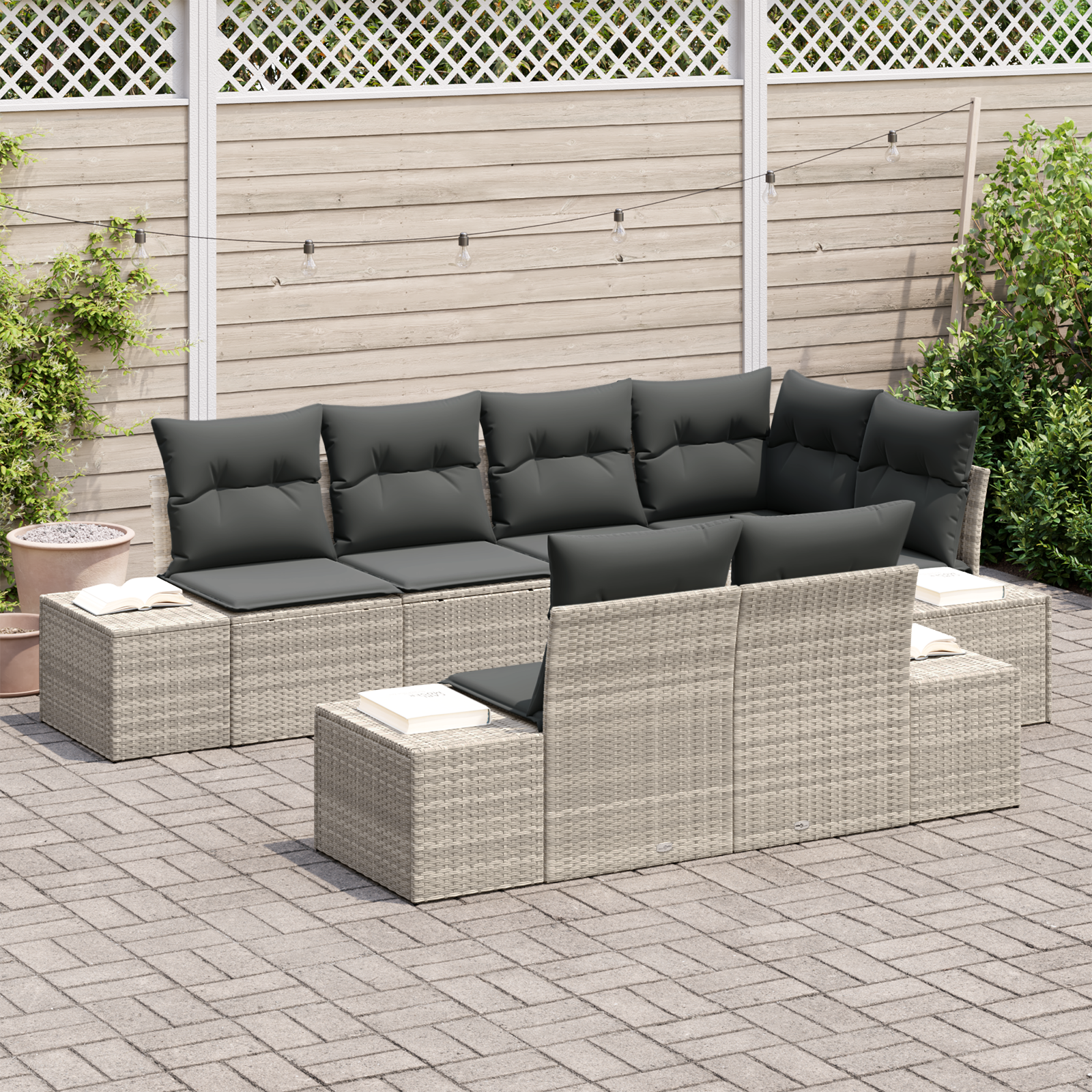 7 dalių sodinė sofa su pagalvėlėmis šviesiai pilkos spalvos polyratanas