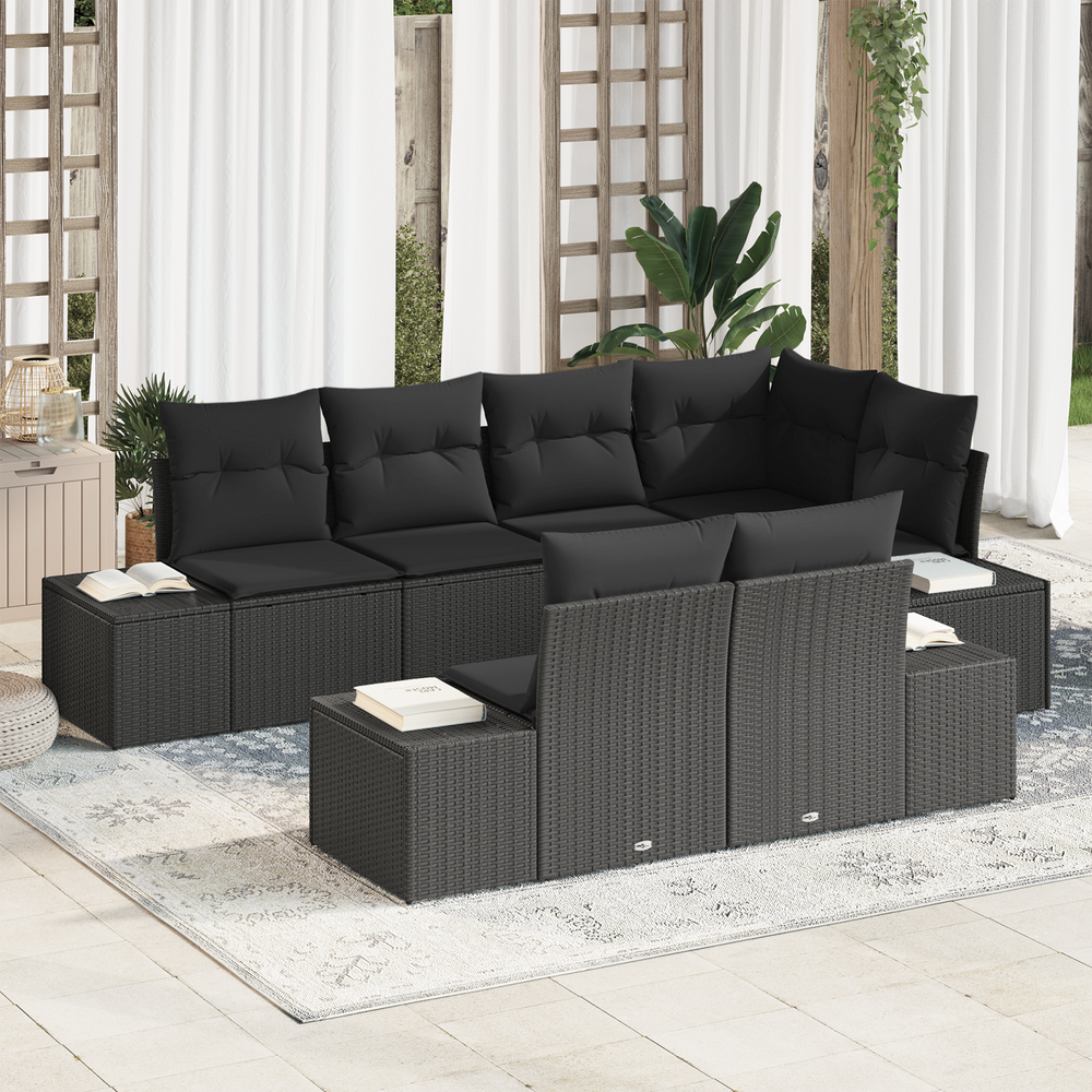 7-piece garden sofa set with cushions in black poly rattan