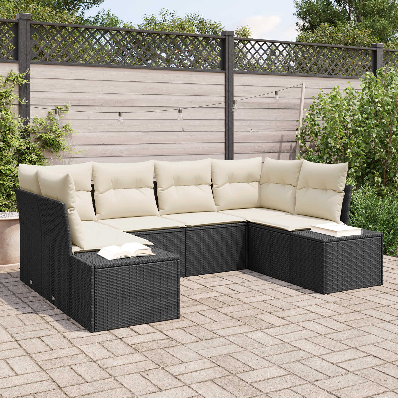 6-Piece Garden Sofa with Cushions Black Polyrattan