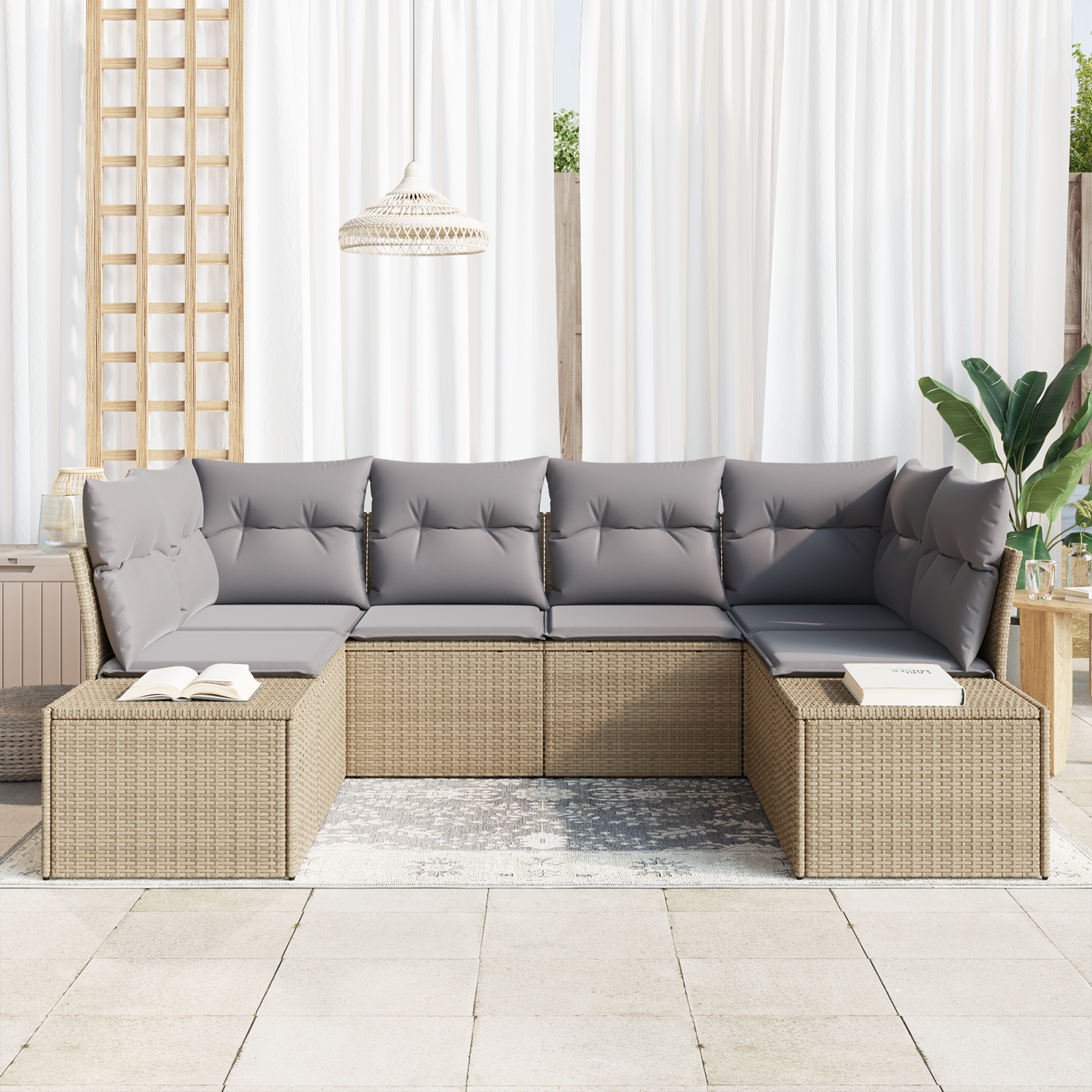 Sodo Sofų Rinkinys 6 pcs Bežinė ir šviesiai pilka Poli ratanas