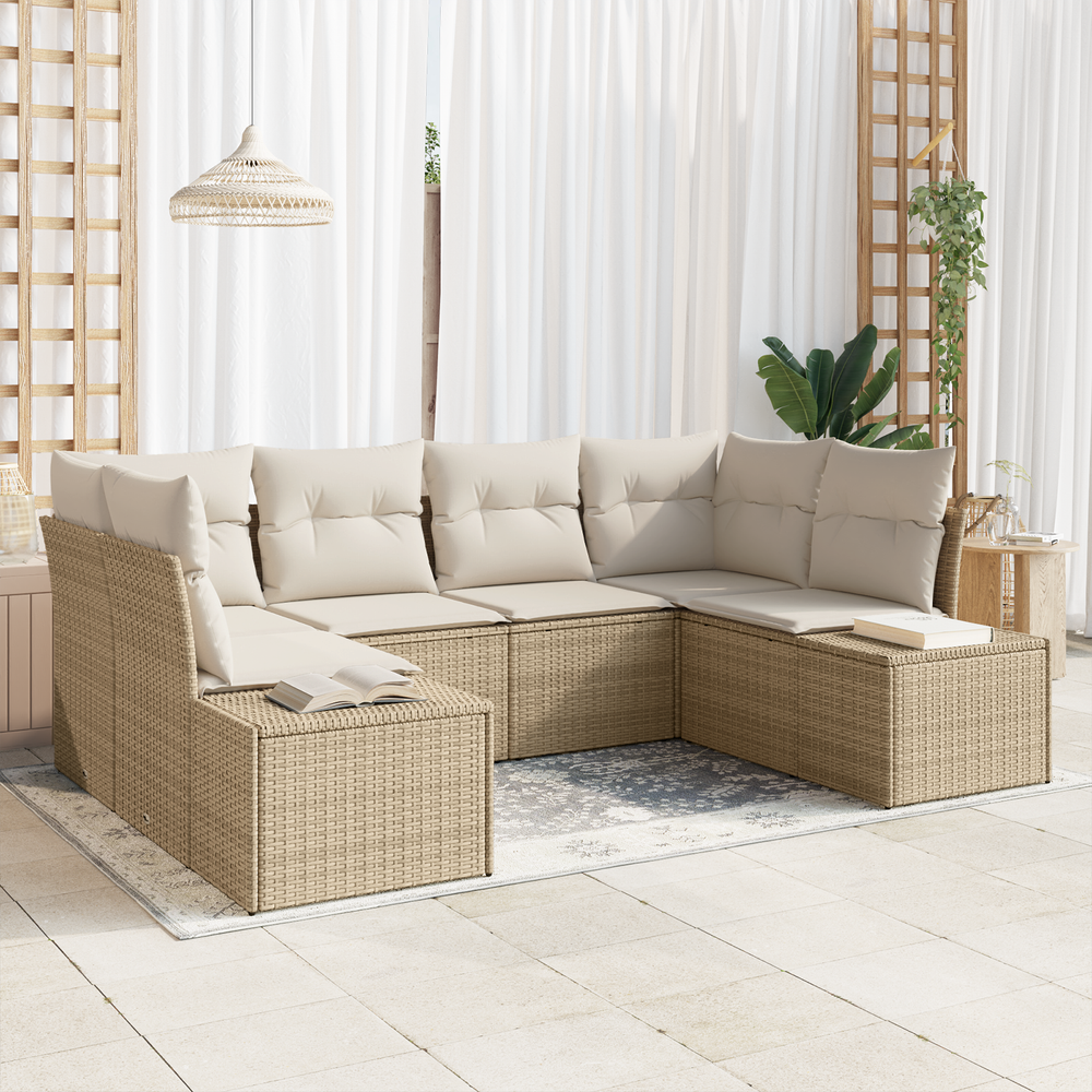 6-piece Garden Sofa Set with Cushions Sand Poly Rattan