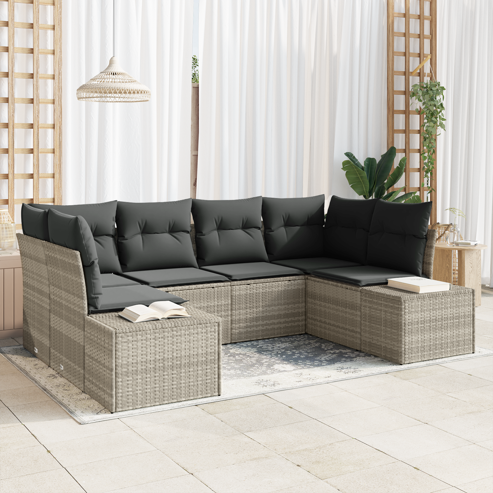 6 dalių sodo sofa komplektas su pagalvėmis Šviesiai pilka Poli ratanas