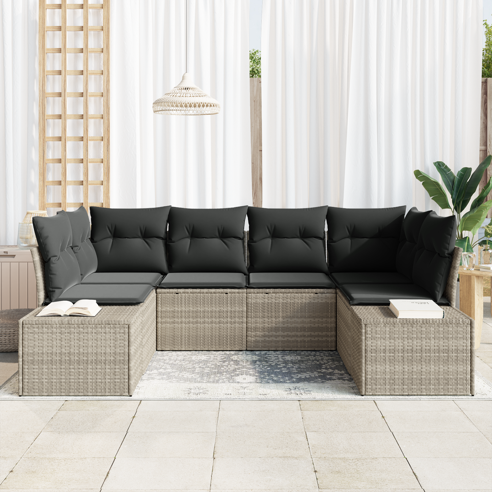 6 dalių sodo sofa komplektas su pagalvėmis Šviesiai pilka Poli ratanas