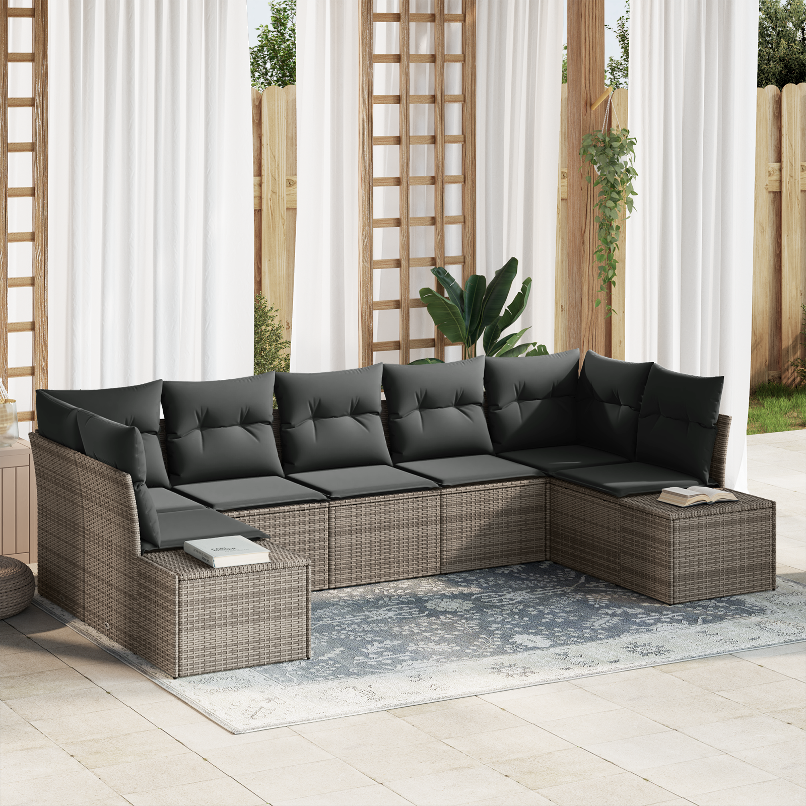 Sodo Sofų Rinkinys 7 pcs Pilka 289 x 154 x 85 cm Poli ratanas