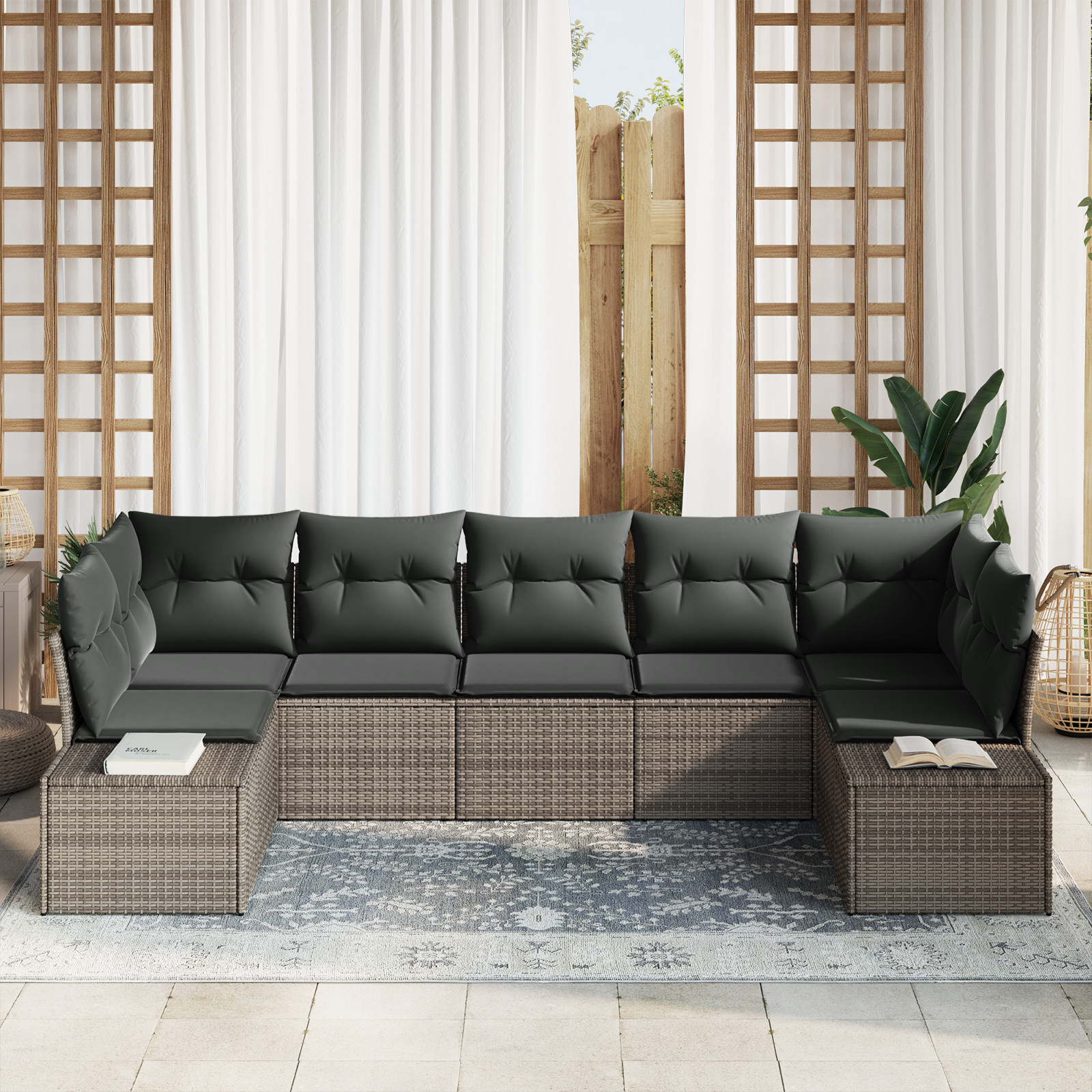 Sodo Sofų Rinkinys 7 pcs Pilka 289 x 154 x 85 cm Poli ratanas