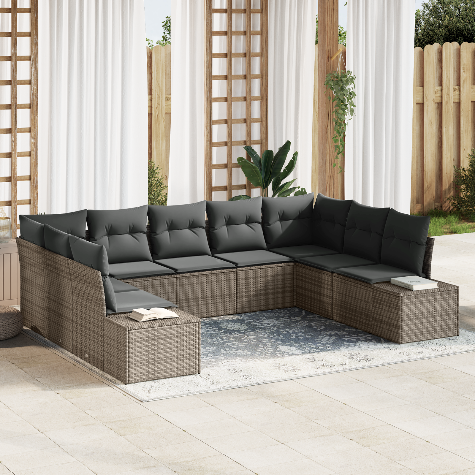 Sodo Sofų Rinkinys 9 pcs Pilka 289 x 209 x 85 cm Poli ratanas