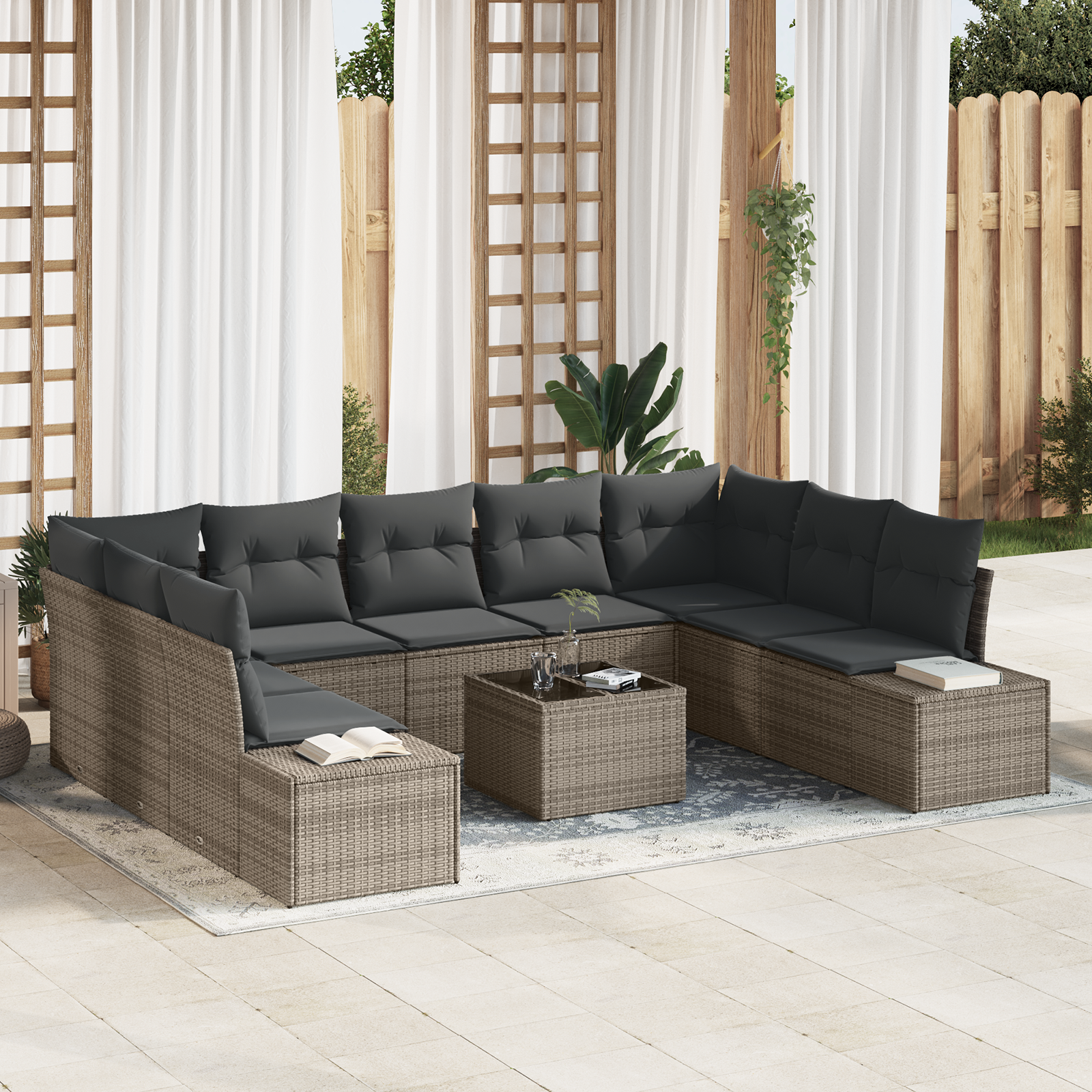 Sodo Sofų Rinkinys 10 pcs Pilka 289 x 209 x 85 cm Poli ratanas