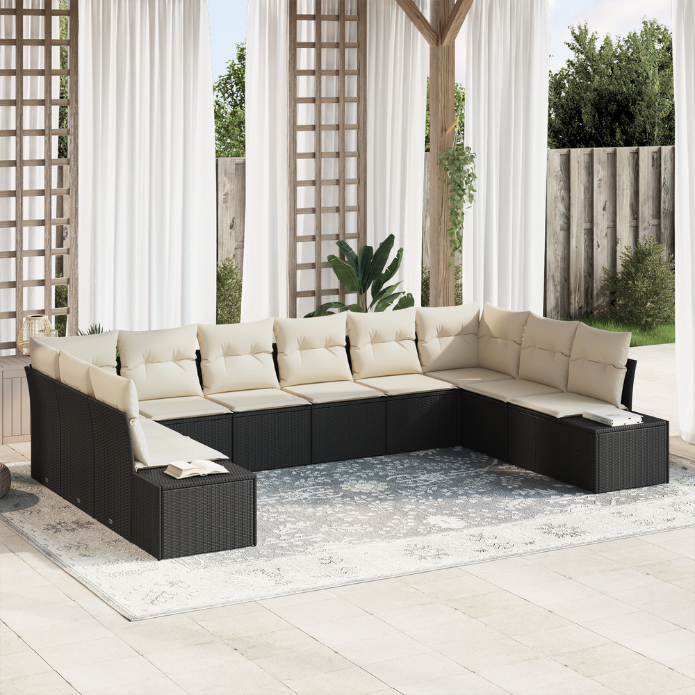 10-Piece Garden Sofa Set with Cushions Black Poly Rattan