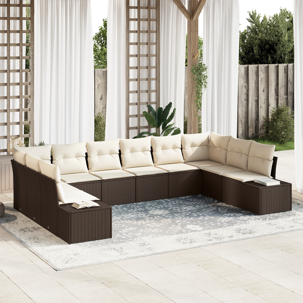 10-Piece Garden Sofa Set with Cushions Brown Poly Rattan