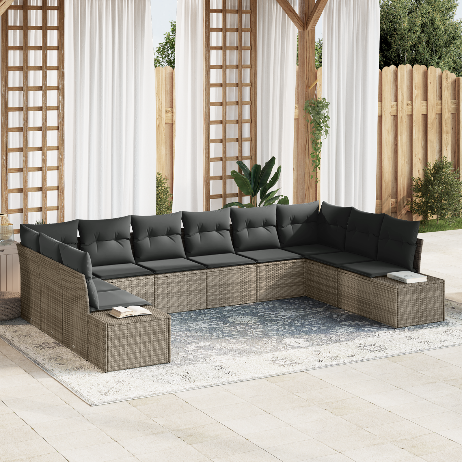 10-Piece Garden Sofa Set with Cushions Grey Poly Rattan