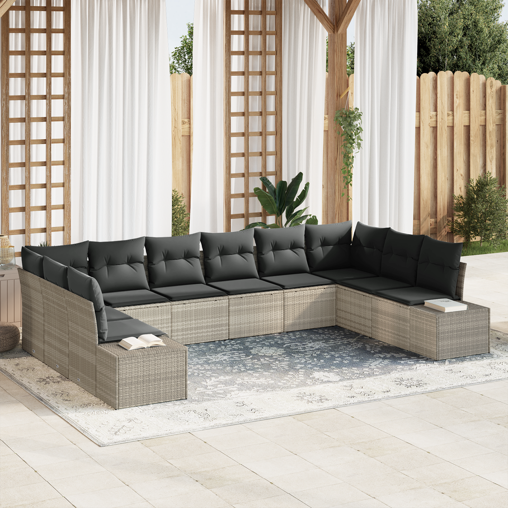 10-piece garden sofa set with cushions, light grey, poly rattan