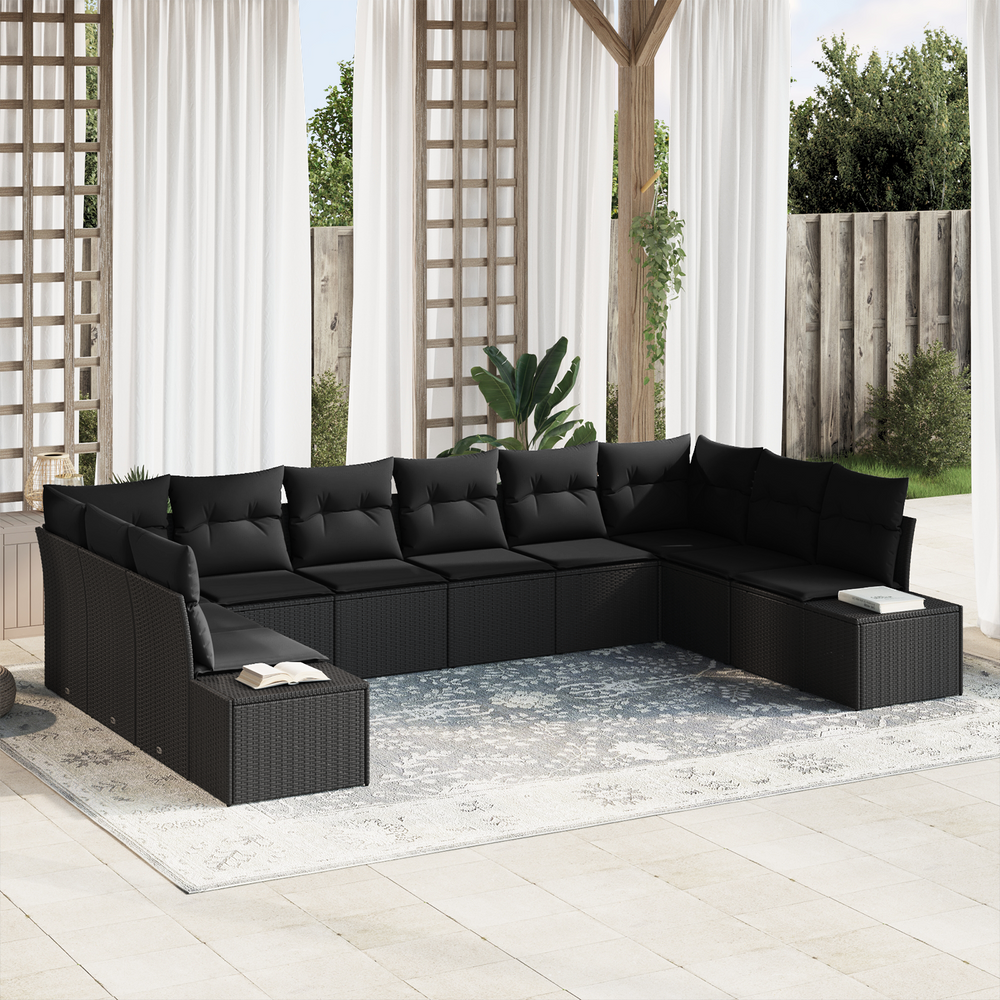 10-piece Garden Sofa Set with Cushions Black Poly Rattan