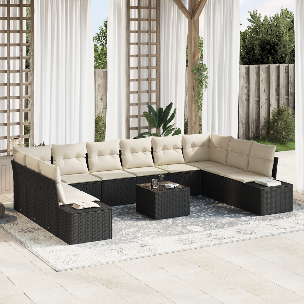 10-piece garden sofa set with cushions in brown poly rattan