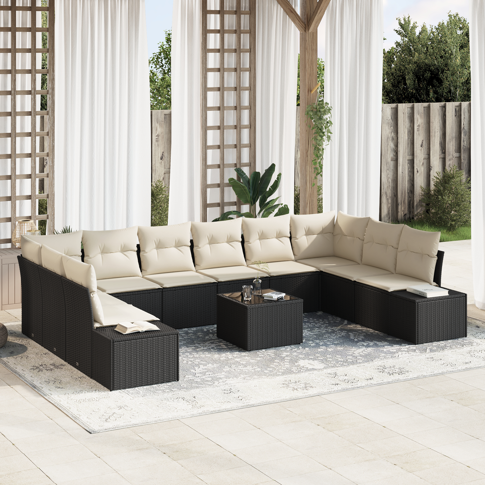 10 dalių sodo sofa komplektas su pagalvėmis iš rudo poliratanas
