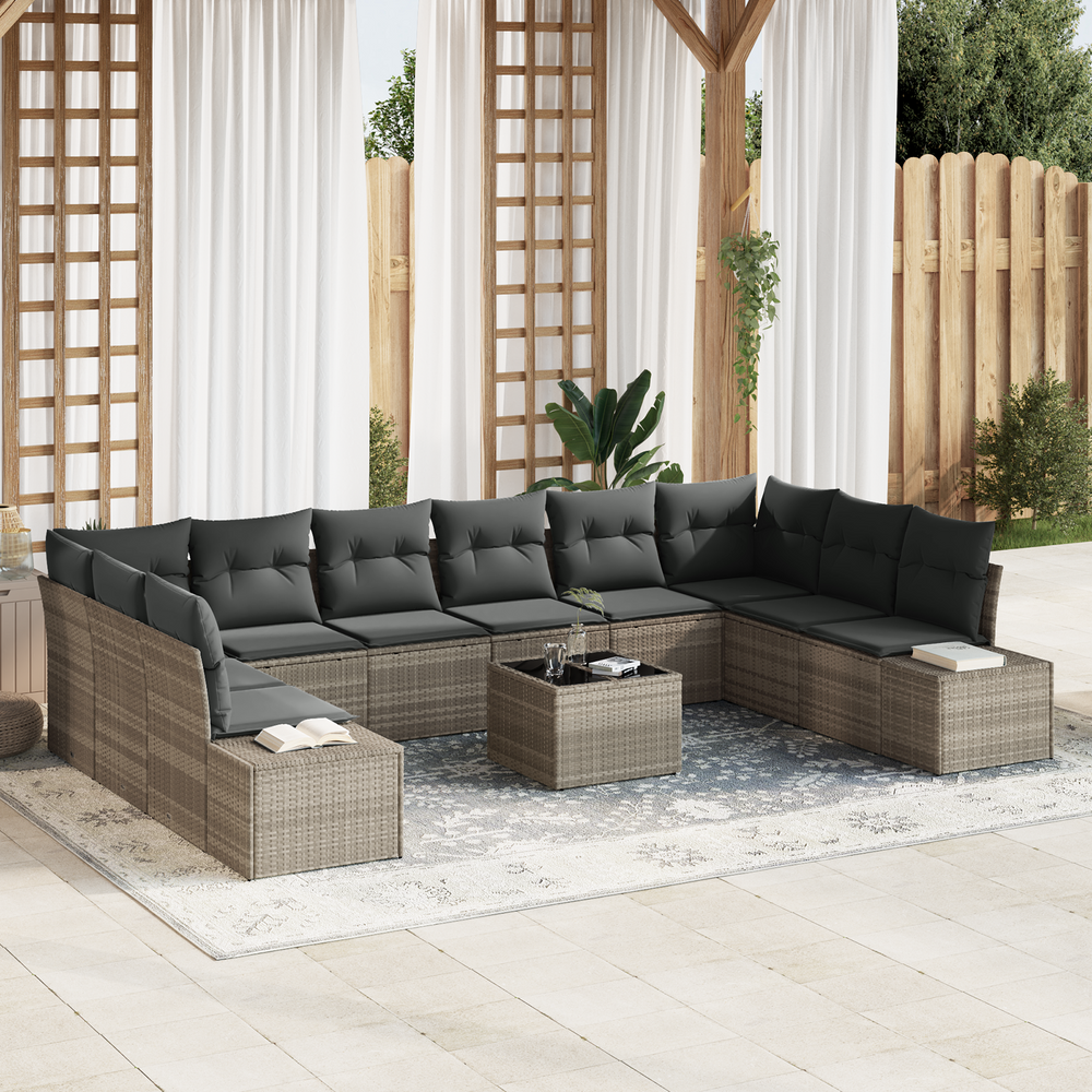 11-piece garden sofa set with cushions, grey poly rattan