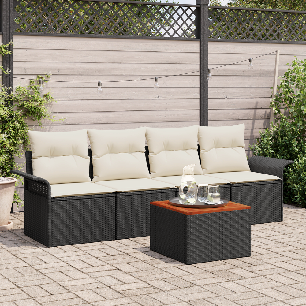 5 Piece Garden Sofa Set with Cushions Black Poly Rattan Acacia