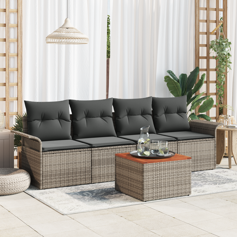 5-Piece Garden Sofa Set with Grey Cushions Poly Rattan Acacia