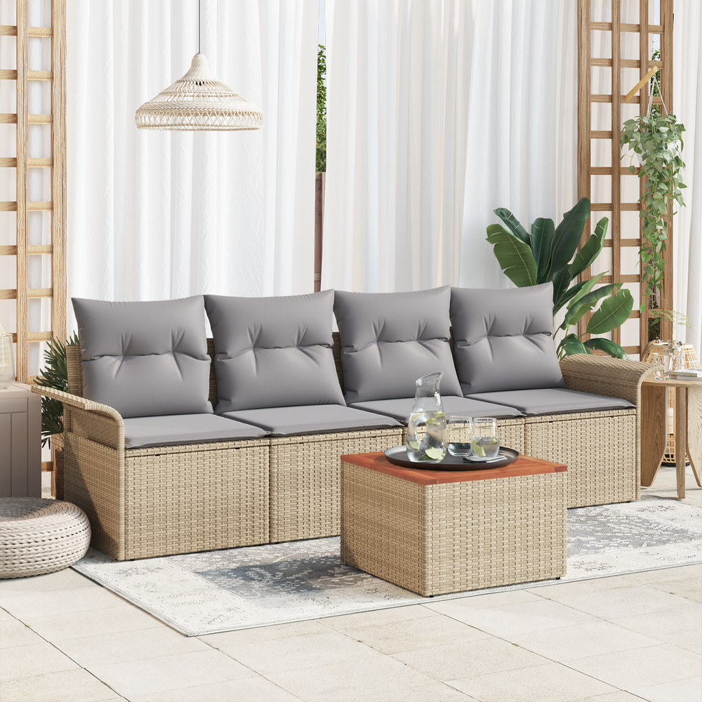 5 Piece Garden Sofa Set with Cushions Beige Poly Rattan Acacia