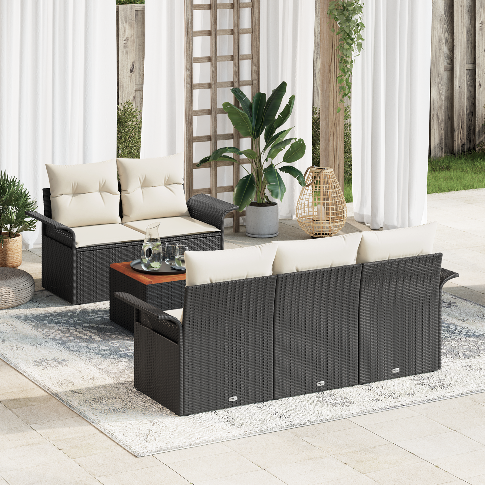 6 Dalių Sodo Sofa Rinkinys su Pagalvėmis Juoda Poli Ratanas Akacija