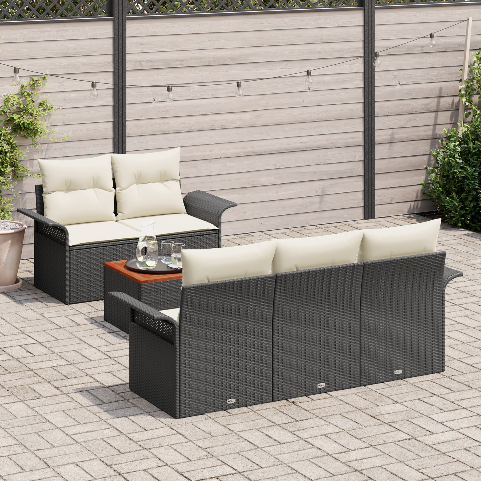 6 Dalių Sodo Sofa Rinkinys su Pagalvėmis Juoda Poli Ratanas Akacija