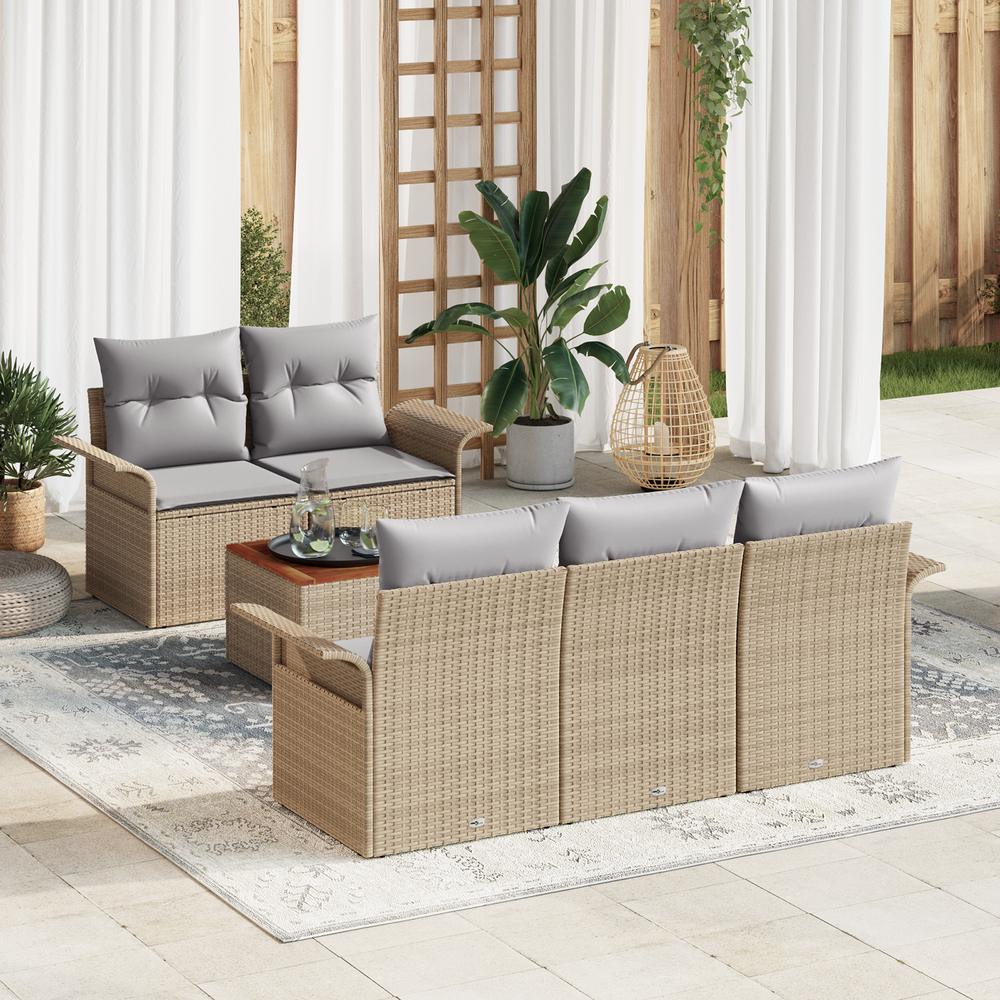 6-Piece Garden Sofa Set with Cushions Sand Poly Rattan Acacia