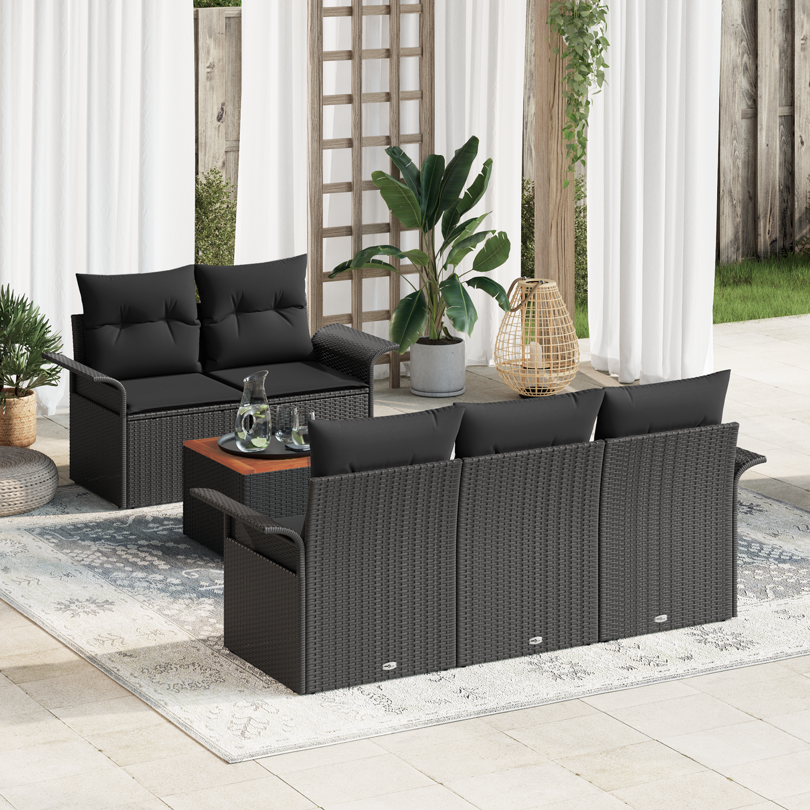 6 Dalių Sodo Sofa Rinkinys su Pagalvėlėmis Juoda Poli Ratanas Akacija