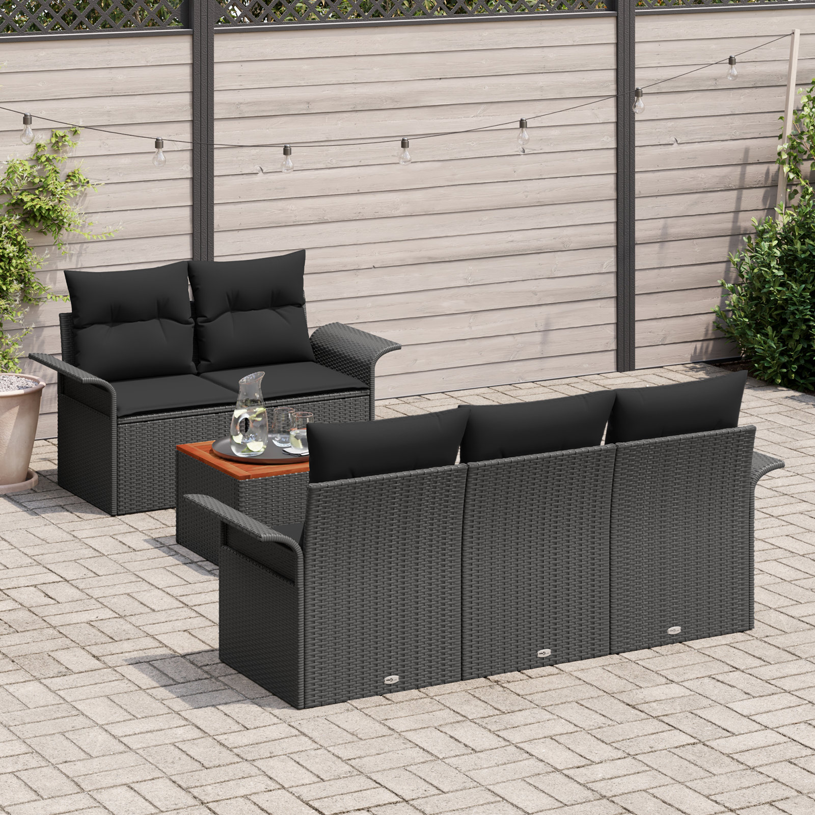 6 Dalių Sodo Sofa Rinkinys su Pagalvėlėmis Juoda Poli Ratanas Akacija