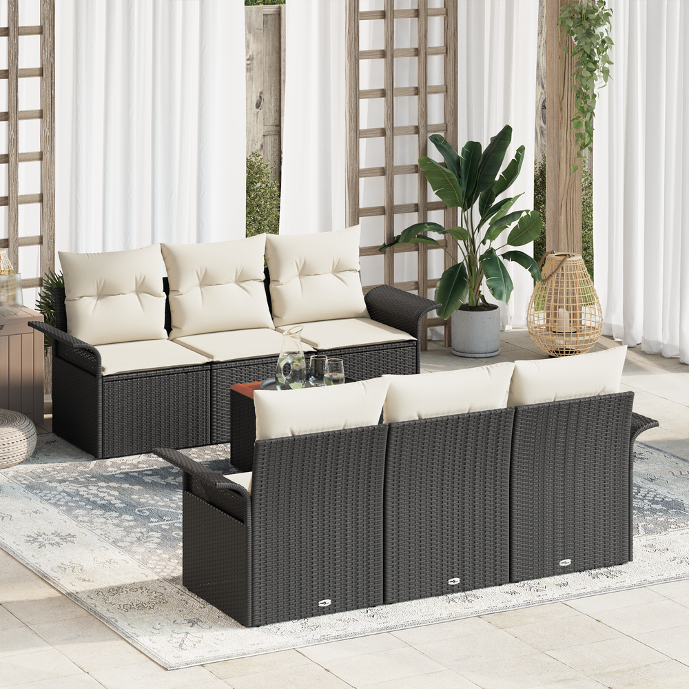 7-Piece Garden Sofa Set with Cushions Black Poly Rattan Acacia