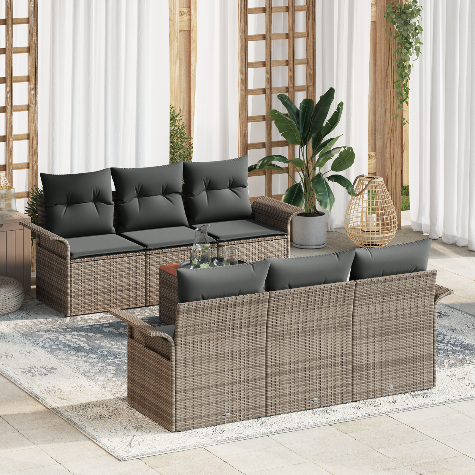 7 dalių sodo sofa su pagalvėmis pilkas poli ratanas akacija