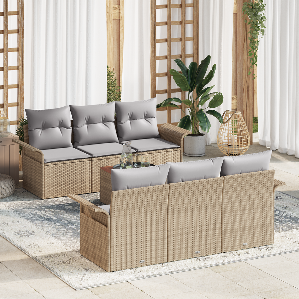 7-piece garden sofa set with cushions sand-colored poly rattan acacia