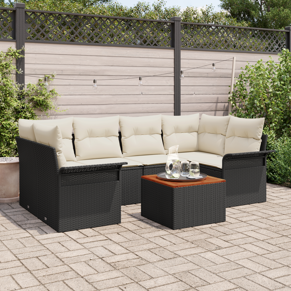 7-Piece Garden Sofa Set with Cushions Black Poly Rattan Acacia