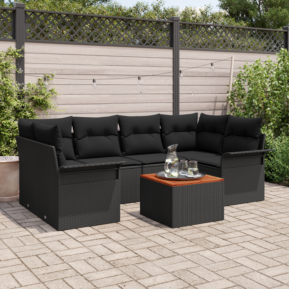 7-Piece Garden Sofa Set with Cushions Black Poly Rattan Acacia