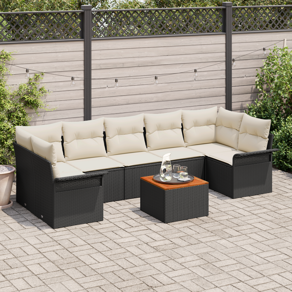 8-Piece Garden Sofa Set with Cushions Black Poly Rattan Acacia