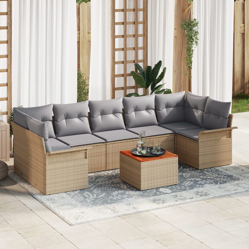 8-piece garden sofa set with cushions sand poly rattan acacia