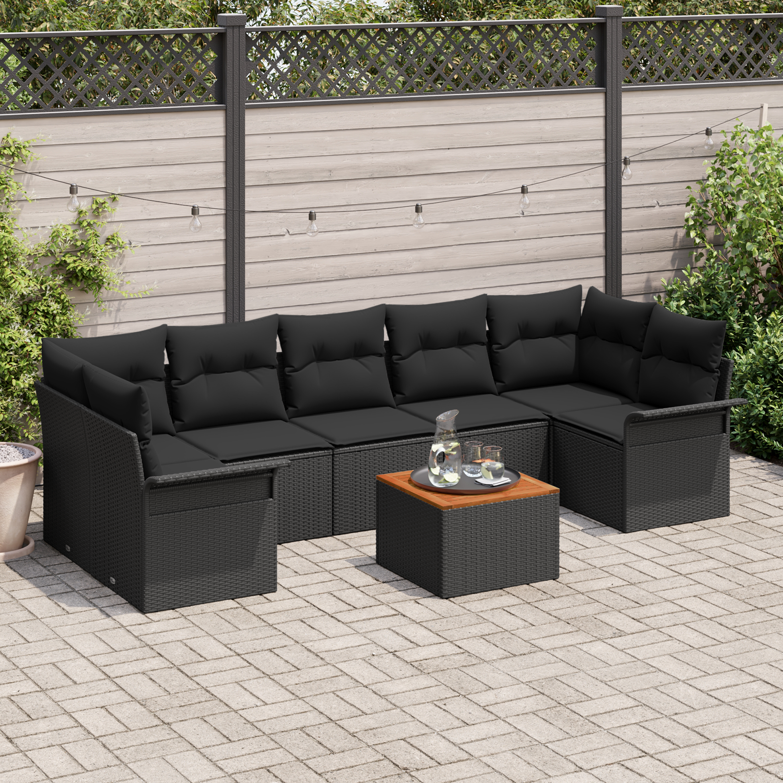 8-piece Garden Sofa Set with Cushions Black Poly Rattan Acacia