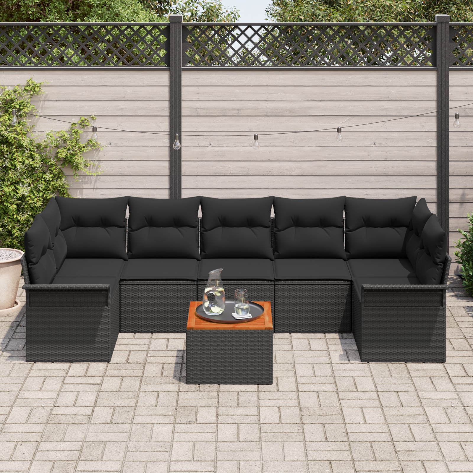 8-piece Garden Sofa Set with Cushions Black Poly Rattan Acacia