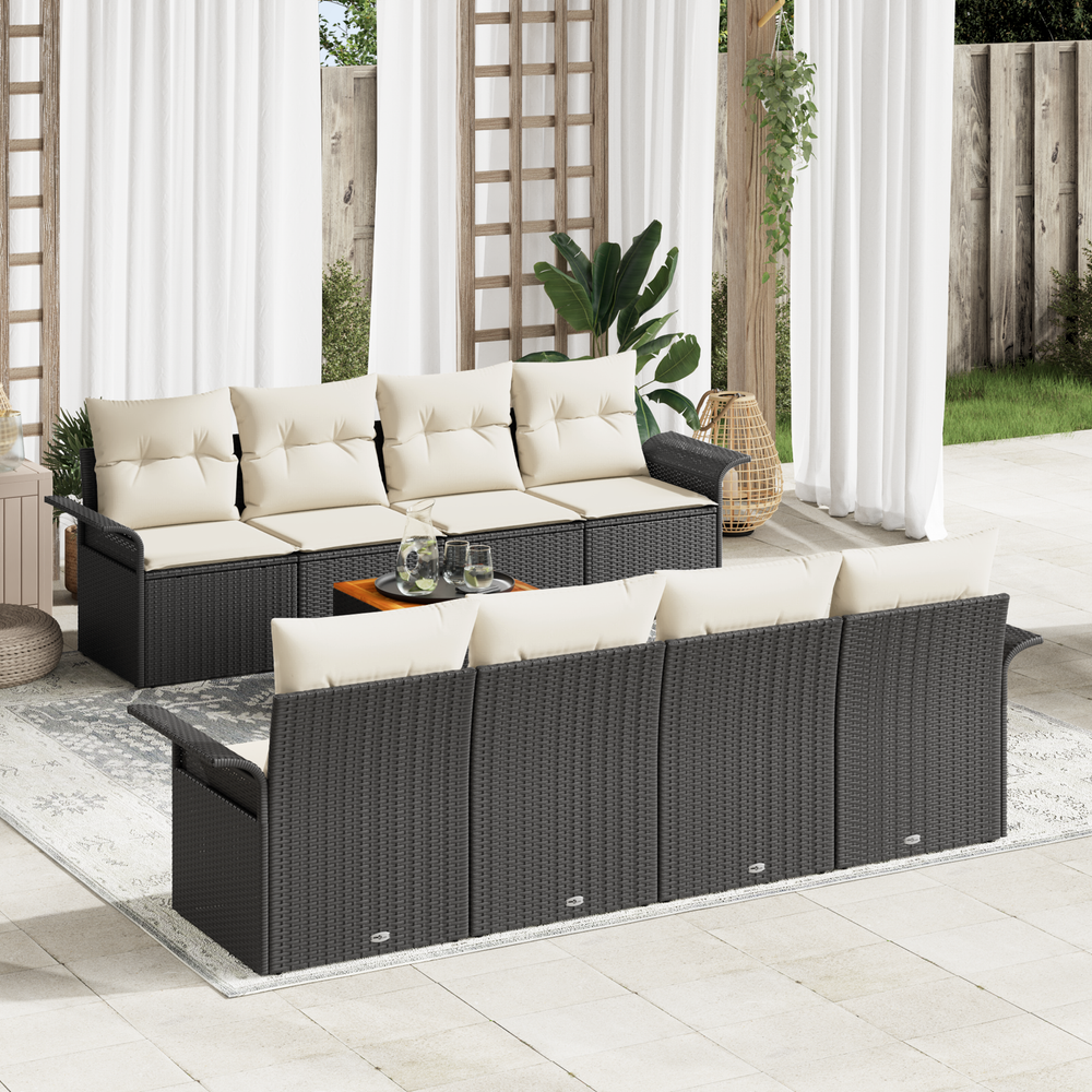 9-Piece Garden Sofa Set with Cushions Black Poly Rattan Acacia