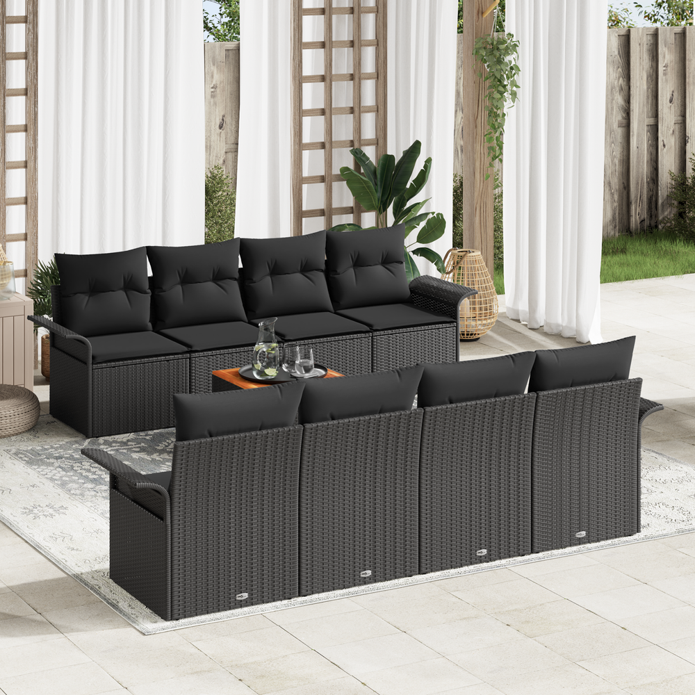 9-piece garden sofa set with cushions black poly rattan acacia