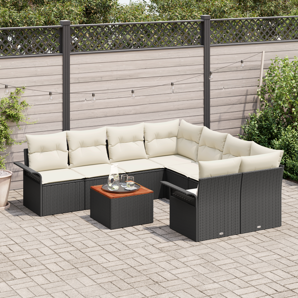 9 Piece Garden Sofa Set with Cushions Black Polyrattan Acacia Wood