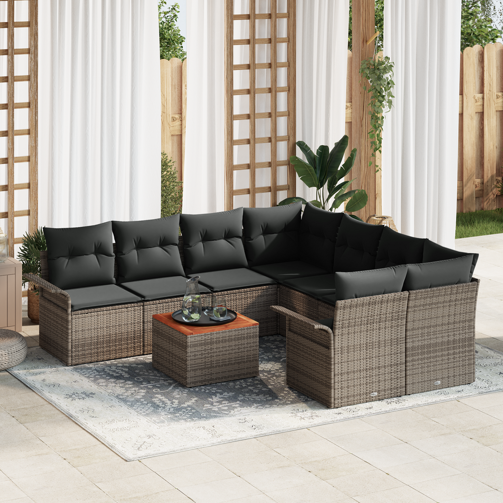 9-Piece Garden Sofa Set with Cushions Grey Poly Rattan Acacia