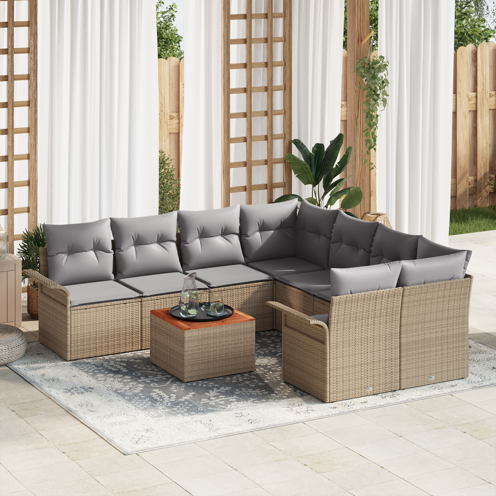 9-piece garden sofa set with cushions sand poly rattan acacia