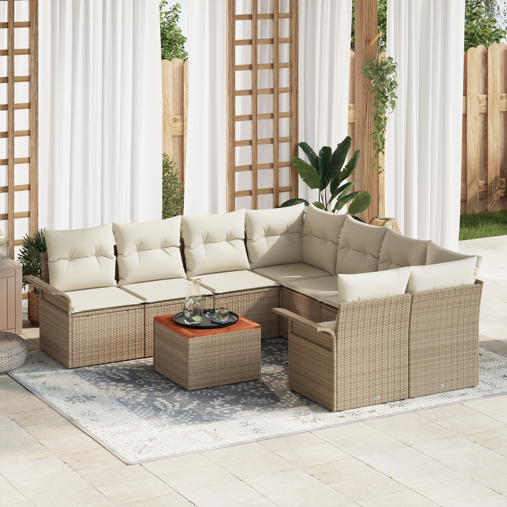 9 Piece Garden Sofa Set with Cushions Light Brown Poly Rattan Acacia