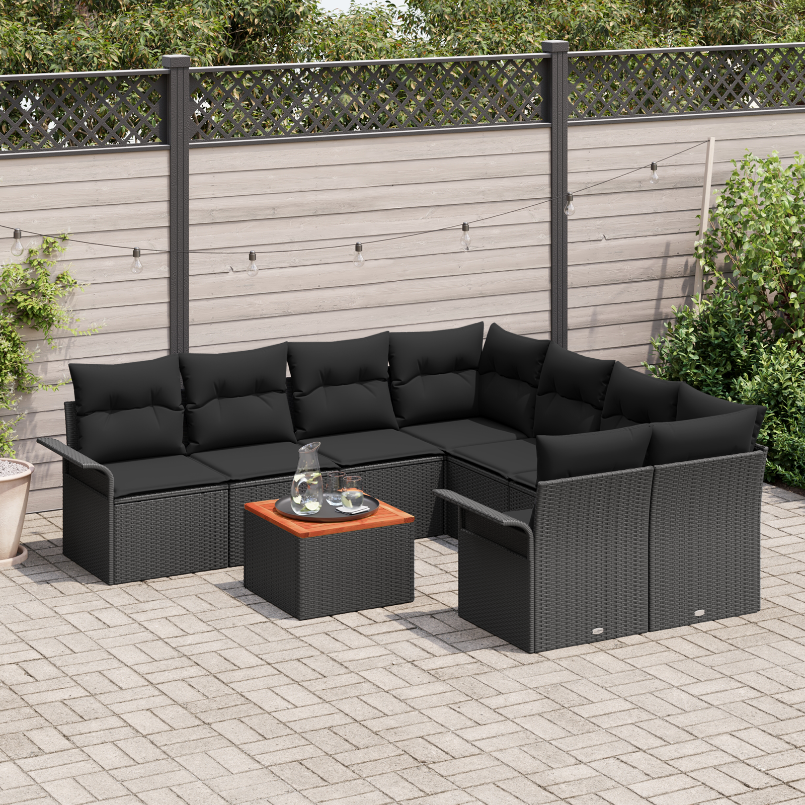 9 Dalių Sodo Sofa Rinkinys su Pagalvėlėmis Juoda Poliratanas Akacija