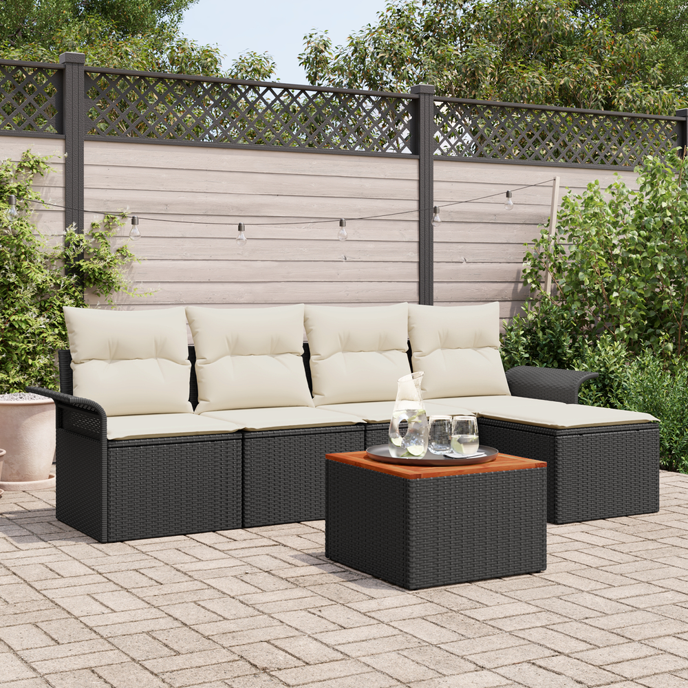 6 Piece Garden Sofa Set with Cushions Black Poly Rattan Acacia