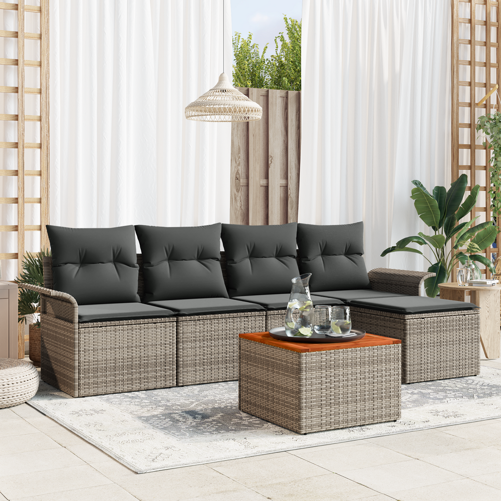 6-Piece Garden Sofa Set with Cushions Grey Poly Rattan Acacia
