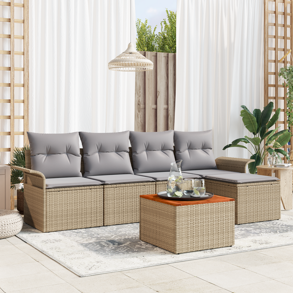 6-Piece Garden Sofa Set with Cushions Sand Poly Rattan Acacia