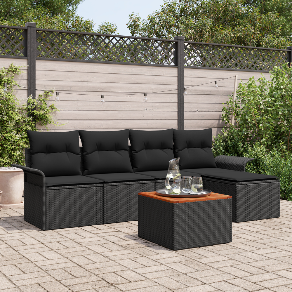 6-Piece Garden Sofa Set with Cushions Black Poly Rattan Acacia