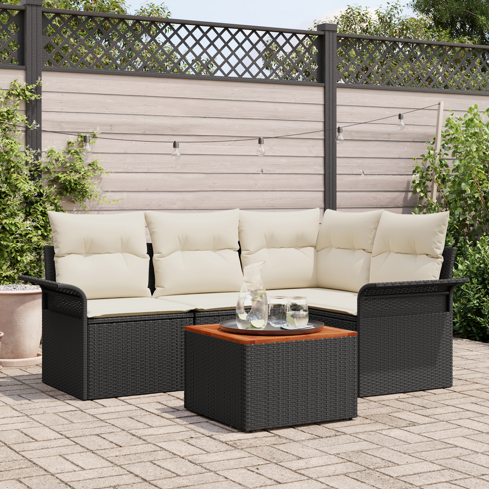 5 Piece Garden Sofa Set with Cushions Black Poly Rattan Acacia
