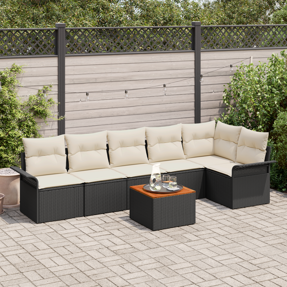 7-piece garden sofa set with cushions Black poly rattan acacia