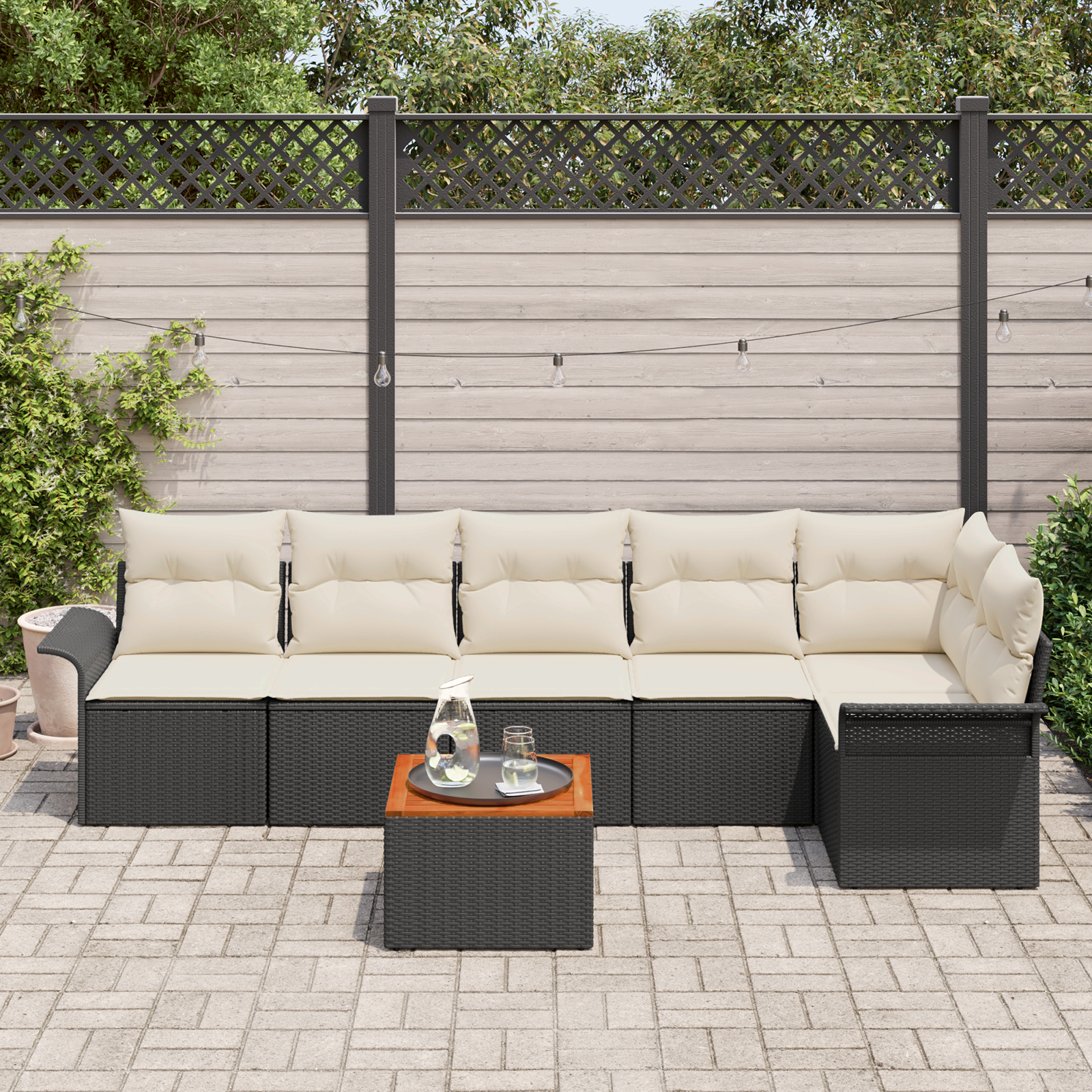 7 dalių sodo sofa rinkinys su pagalvėlėmis Juoda poli ratanas akacijos